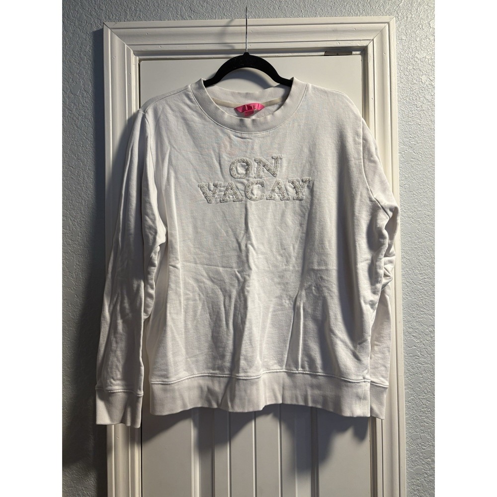 Lilly Pulitzer On Vacay Sweatshirt Medium White Pearl Embellished Graphic